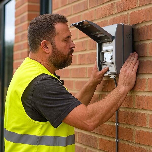 An electrician in a hi-vis vest installing a grey outdoor electrical enclosure (EV charger consumer unit) on a brick wall