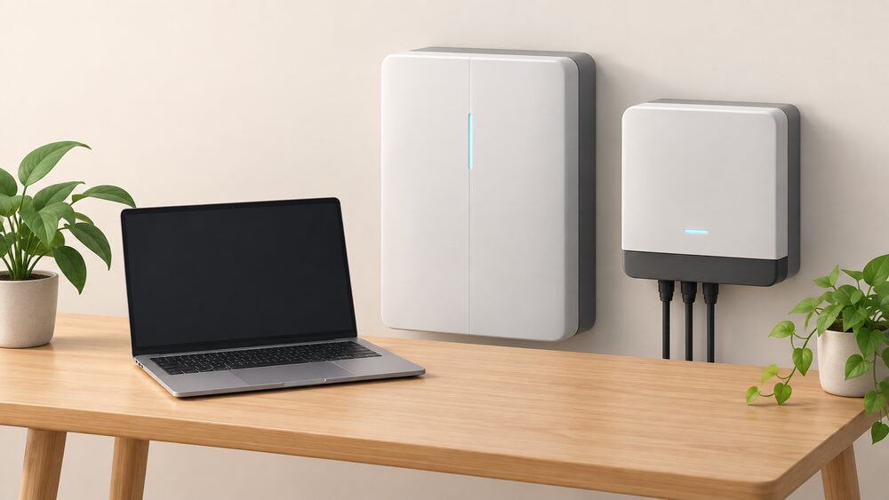 On a table, a laptop with a blank screen sits beside a small wall-mounted home battery unit and a compact inverter box, suggesting a household checking or applying software updates to its energy equipment.