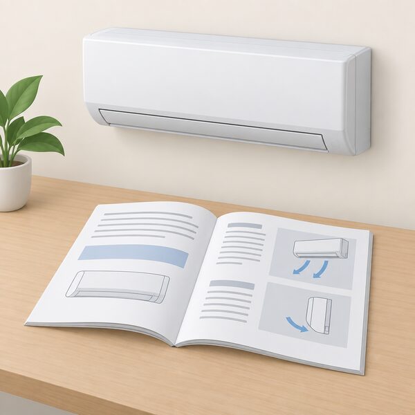 A printed user manual lying open on a table, its pages showing blank lines, plain blocks and simple diagrams with no readable words, beside a small wall-mounted heat pump indoor unit to show documentation kept alongside the product.