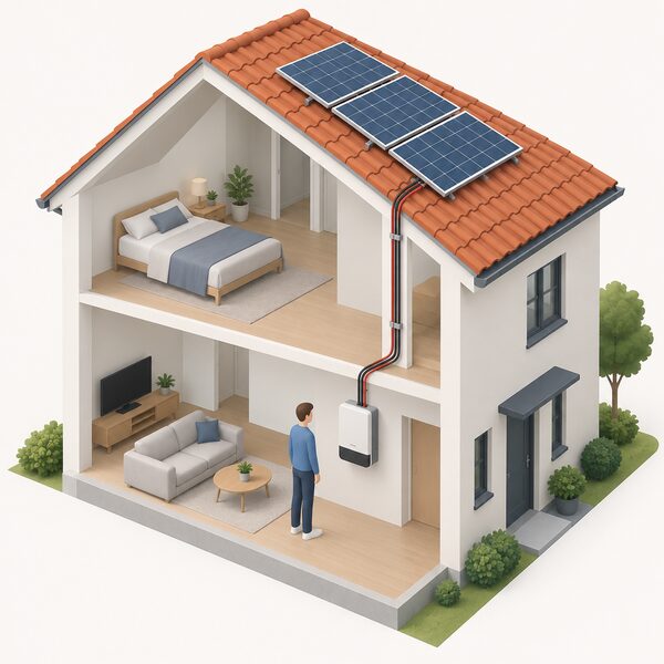 A cutaway house view showing a solar inverter mounted on an indoor wall, connected by cabling up through the roof to a few simplified solar panels on the tiled roof above.