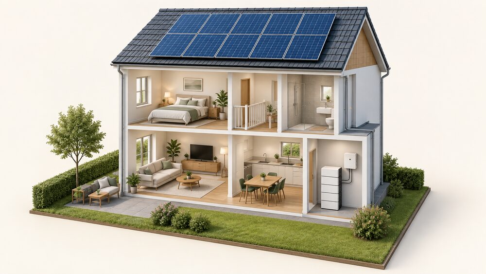 A cutaway house with solar panels on the roof, and inside a utility space a floor-mounted stack of modular battery units standing beside a wall-mounted hybrid inverter connected to it.