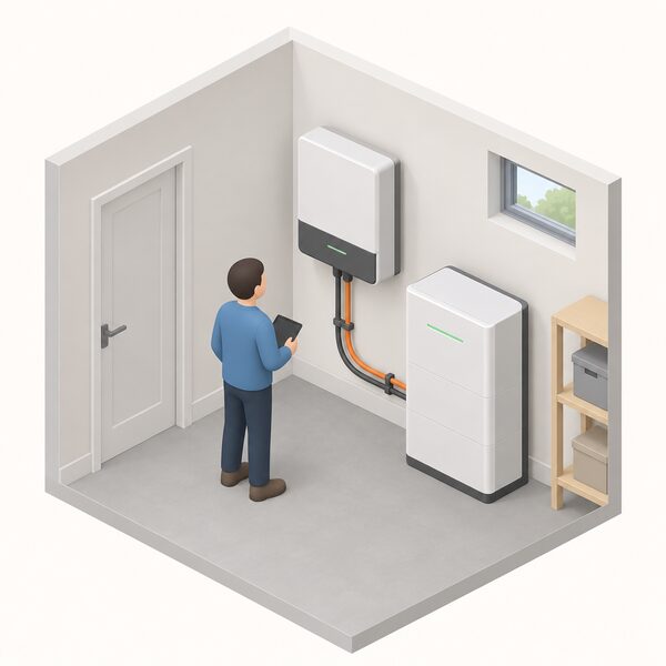 A wall-mounted home battery inverter unit installed indoors on a utility room wall, connected by cables to a battery unit beside it, with a small isometric figure inspecting the unit to show the component whose conversion efficiency is measured.