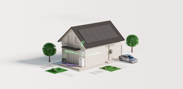 A 3D render of a house with rooftop solar panels, a Fox ESS battery and inverter, and an EV charging a car outside