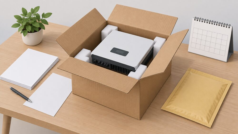 A wall-mounted solar inverter taken down and packed inside an open cardboard shipping box on a table, with blank paperwork, an invoice, a padded envelope and a calendar beside it, ready to be sent back under warranty.