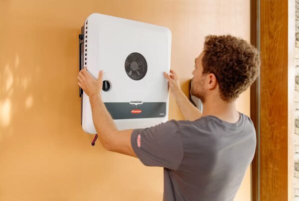 A technician mounting a white Fronius GEN24 solar inverter on an indoor wall