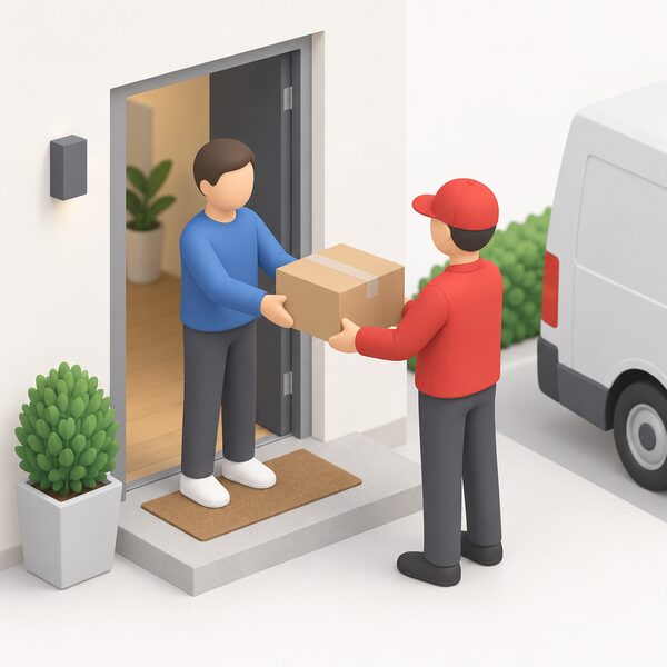 A simplified figure hands a sealed cardboard box containing a wrapped faulty inverter part to a courier at a doorway for standard national shipping to the nearest Fronius Repair Centre.