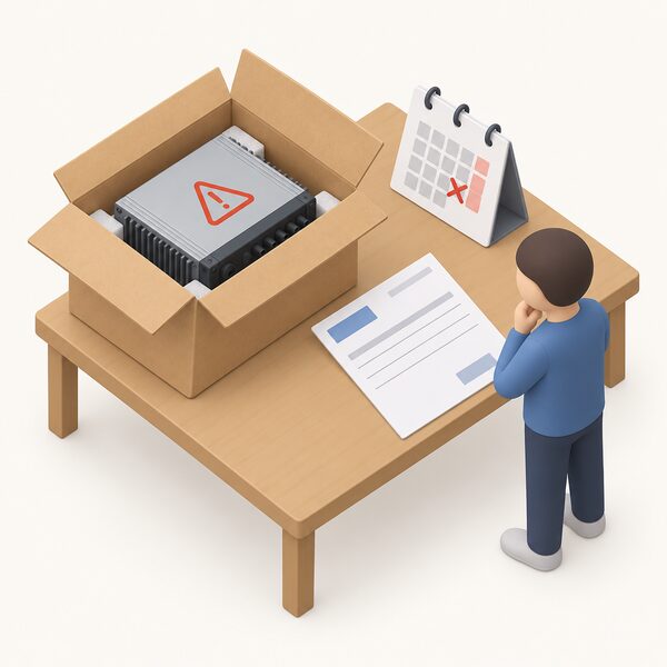 An open cardboard box on a table holding a faulty inverter part still unreturned, beside it an invoice sheet for a new replacement part shown with blank lines and plain blocks, with a small simplified figure standing nearby looking at the paperwork.