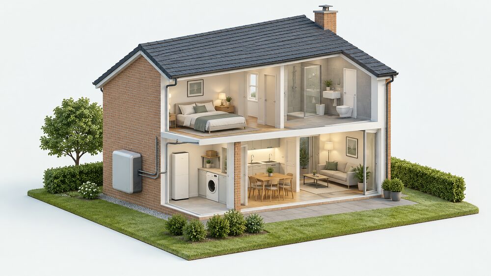 A cutaway house with a weatherproof All in One battery-and-inverter unit standing on the outside wall, connected to the home's electrics, with a slim battery cabinet the size of a kitchen cupboard visible in a utility space inside.