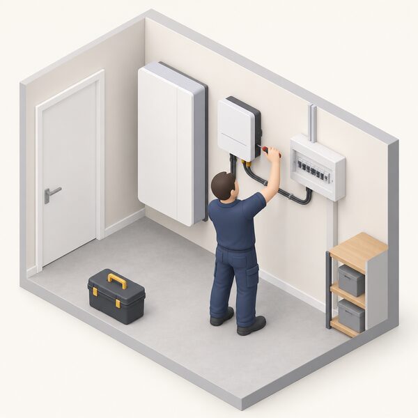 An installer in plain work clothing fixing a slim wall-mounted home battery and an inverter beside a household consumer unit indoors, with a cable running between the units, in a single-day installation scene.