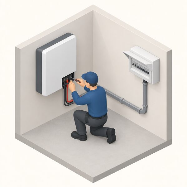 A trained installer in plain work clothing, shown as a simplified isometric figure, kneels beside a wall-mounted home battery in a utility area, running cable through conduit to the household consumer unit on an adjacent wall while using a screwdriver on the battery's connection terminals.