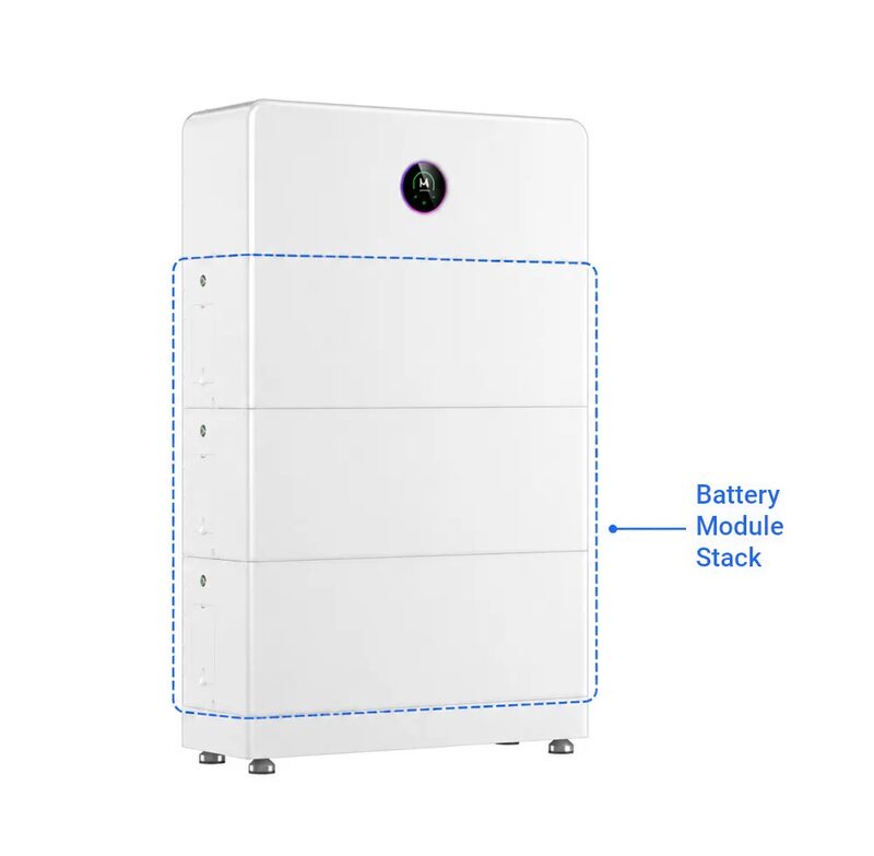 A white GoodWe stacked home battery module with a small display, annotated 'Battery Module Stack'