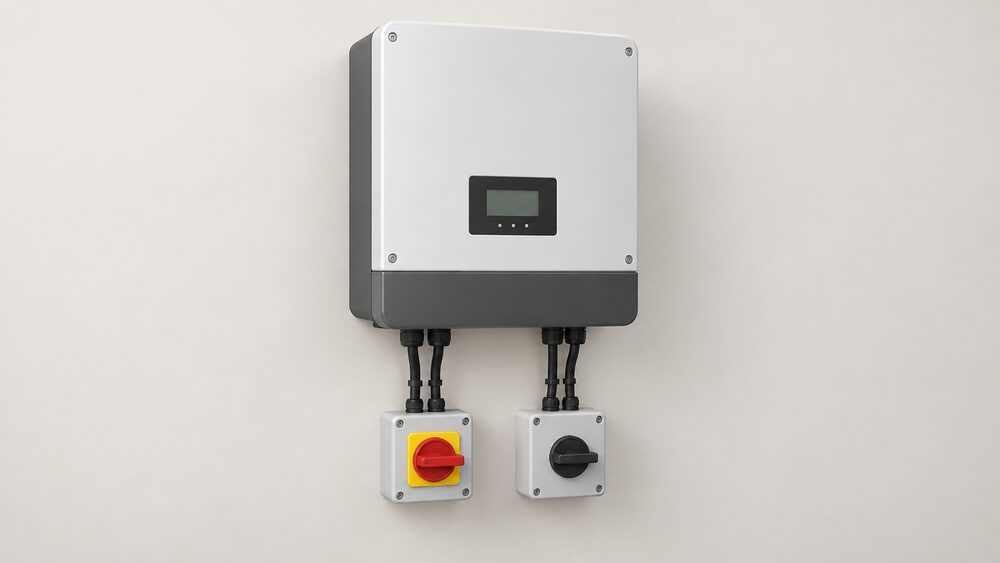 A close-up of a single wall-mounted hybrid solar inverter indoors, shown as a plain unbranded enclosure with a DC isolation switch and an AC isolation switch mounted on the wall directly beneath it, and nothing else in the scene.