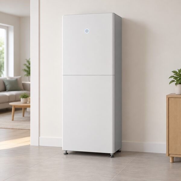 A tall single ESA all-in-one cabinet, a combined inverter and battery in one plain enclosure, standing indoors on its adjustable feet against a household wall with its decorative covers fitted and no other equipment shown.