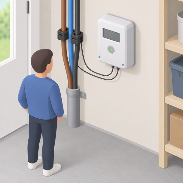 An indoor wall-mounted smart meter with its CT clamps clipped around the home's incoming electricity supply cables, connected by thin leads, shown in a simplified isometric view of a utility area.