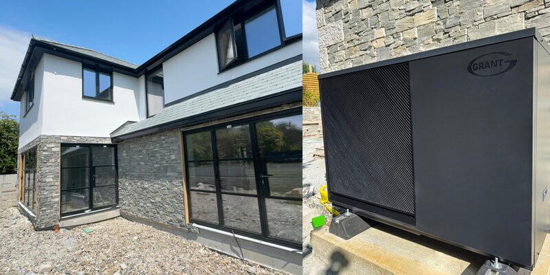 A Grant air source heat pump unit installed outside a modern self-build house, shown in a two-part collage with the house exterior and a close-up of the unit