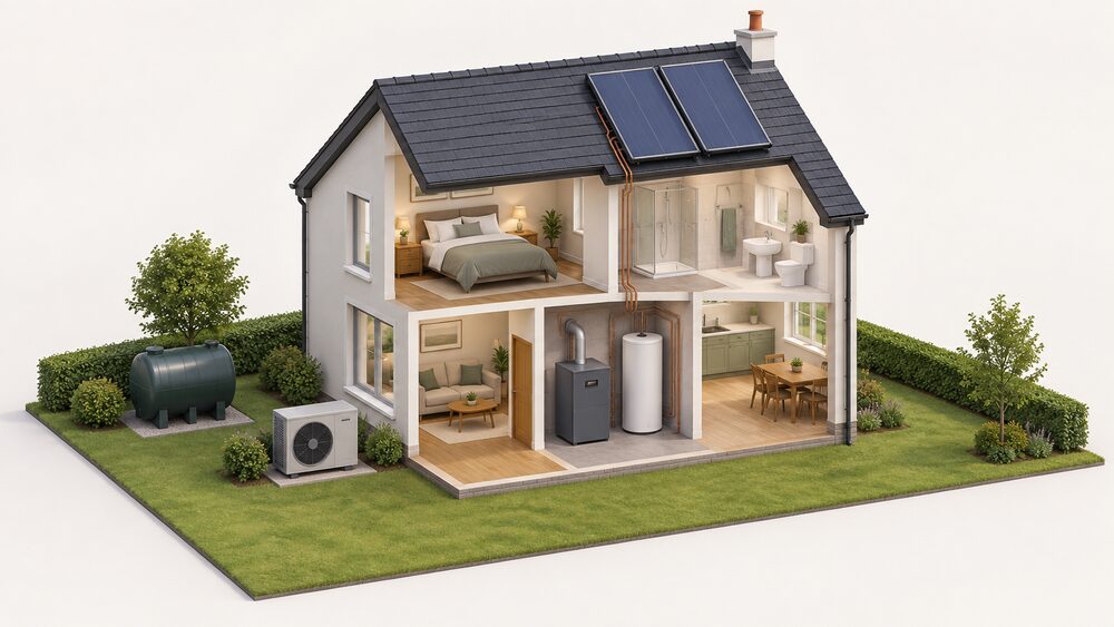 A cutaway of a small off-gas-grid house showing an air source heat pump unit standing outside on the ground, an oil storage tank outdoors, a floor standing oil boiler and a hot water cylinder inside the plant room, and solar thermal panels on the roof.