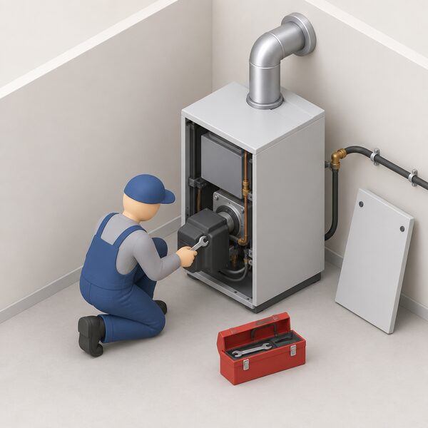 A small isometric engineer in plain work clothing kneels beside a wall-mounted oil boiler in a home plant room, front panel removed, using a spanner on the burner while an oil supply line and flue pipe remain connected and a toolbox rests on the floor.