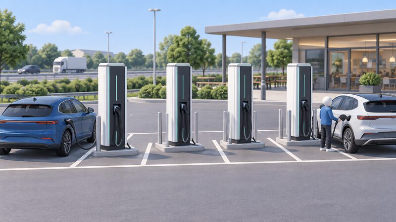 A row of tall DC rapid charging posts standing at a motorway service area forecourt, each with a CCS cable, with one electric car plugged in and a small simplified figure holding the connector to the other vehicle.