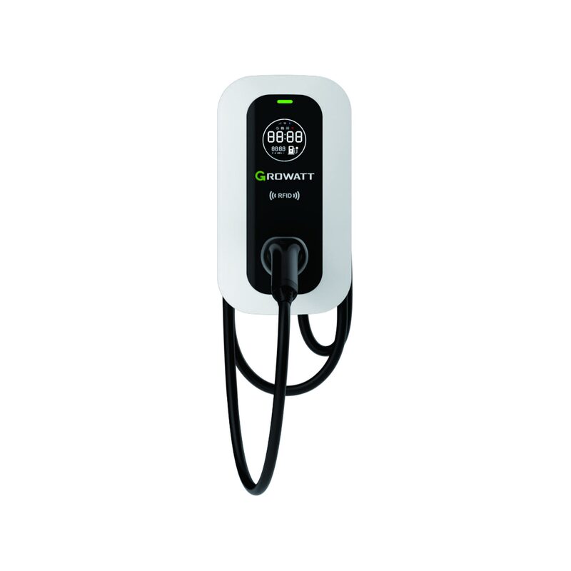 A Growatt THOR 7 kW wall-mounted AC EV charger with coiled cable on a white background