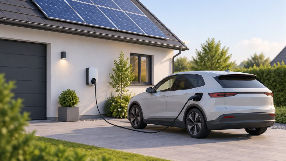 A wall-mounted home EV charger unit on an outside wall beside a driveway, its charging cable running to a plugged-in electric car, with a domestic solar array visible on the roof above.