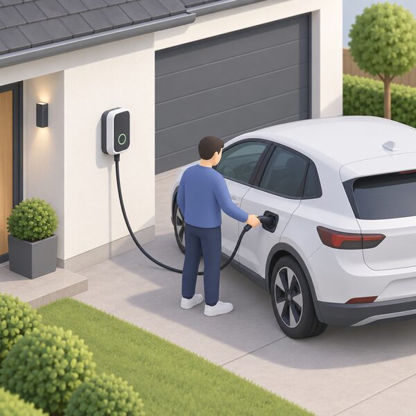 A small wall-mounted smart EV charger on the outside wall of a house beside the driveway, with its cable running to a charge port on a parked electric car, a simplified figure plugging the connector in.