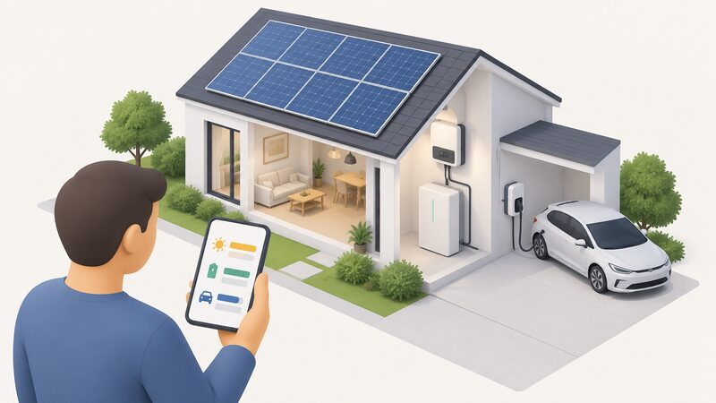 A simplified isometric house with rooftop solar panels, a battery unit and a wall-mounted EV charger connected to a car, while a person holds a smartphone whose screen shows plain colour blocks and bars representing solar generation, battery charge and EV charging status.