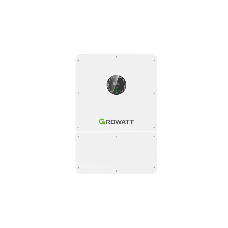 A white Growatt hybrid inverter unit shown against a plain white background