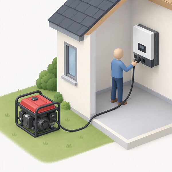 A small portable petrol generator standing outdoors on the ground, connected by a heavy cable running indoors to the AC generator input terminal of a wall-mounted off-grid inverter, with a simplified figure plugging the cable in at the inverter end.