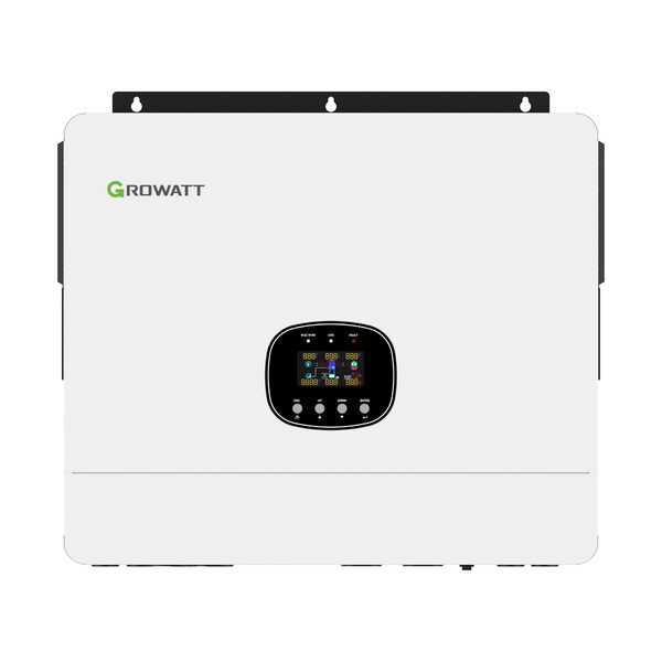 A white Growatt hybrid solar inverter with display panel on a plain background