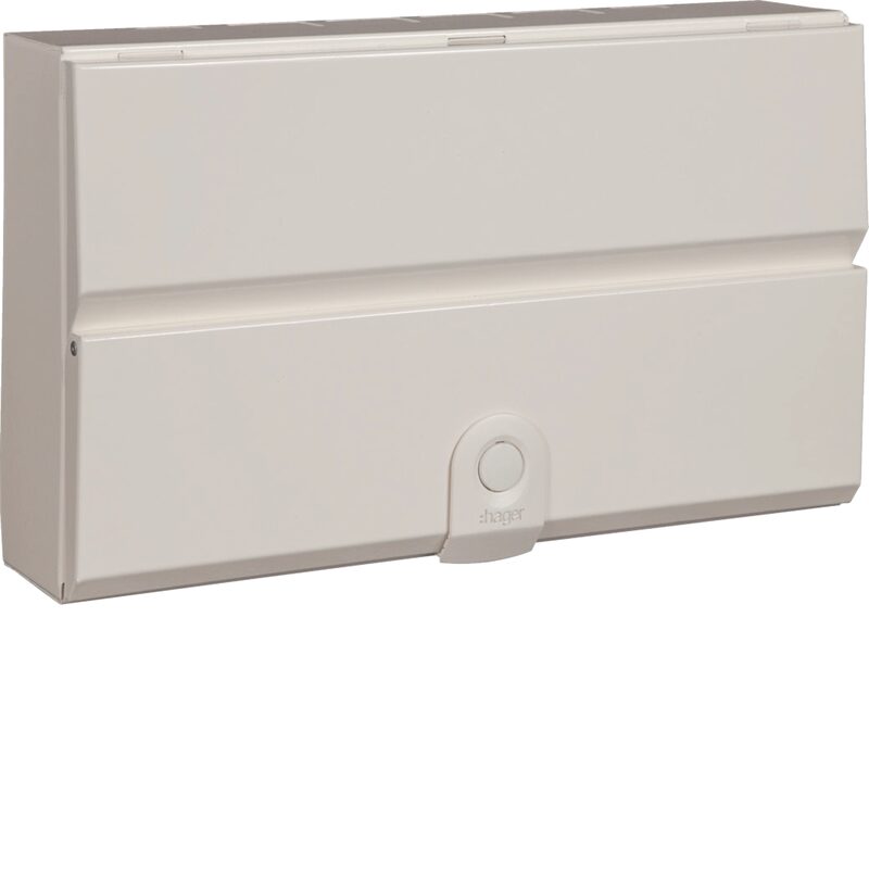 A white Hager metal consumer unit (electrical distribution board) with a hinged lid and latch