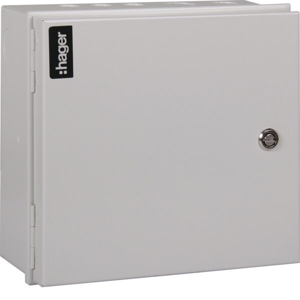 A white Hager JK128 28-way consumer unit (distribution board) with a closed door and lock