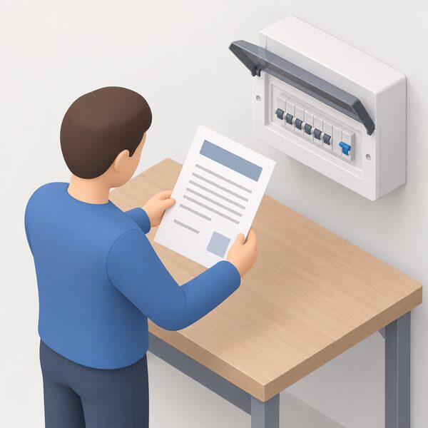 A paper declaration of conformity certificate lying on a desk beside a domestic consumer unit, its content shown only as blank lines and plain colour blocks, with a simplified isometric figure holding the sheet up to inspect it.
