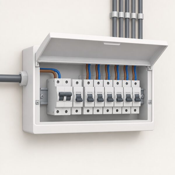 A wall-mounted consumer unit with its front cover open, showing rows of circuit protection devices inside, with a single supply cable entering from one side and several outgoing circuit cables leaving the other side toward the house.