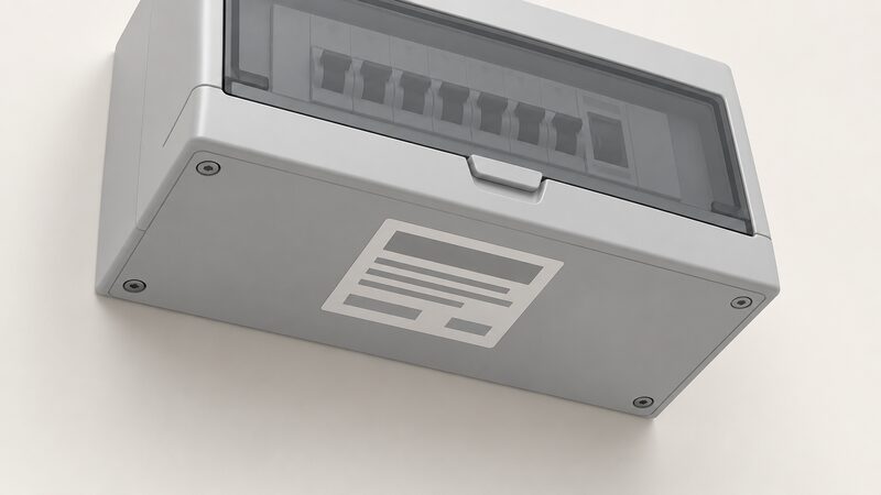 A close-up view underneath a grey consumer unit enclosure, tilted up to reveal the rating label stuck to its underside, with blank lines and plain blocks standing in for the model reference and date code, no readable text.