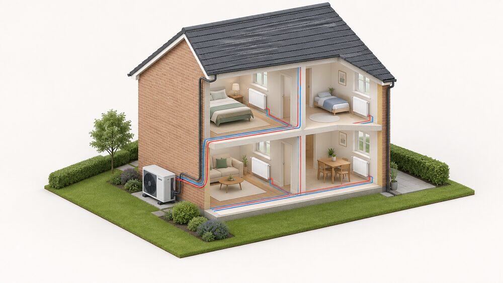 A cutaway house with an air-to-water monobloc heat pump unit standing outdoors on the ground beside an external wall, its pipework passing through the wall to connect with the wet central heating system inside the home.