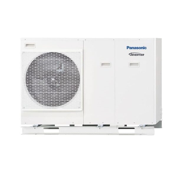 A white Panasonic Aquarea air-to-water heat pump monobloc outdoor unit with a large fan grille and Panasonic Inverter branding.