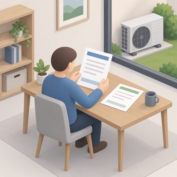 A simplified figure at a desk holding up and examining a printed certificate sheet, with a second document beside it, both showing only blank lines and plain colour bands, with a small air source heat pump unit visible on the wall behind.
