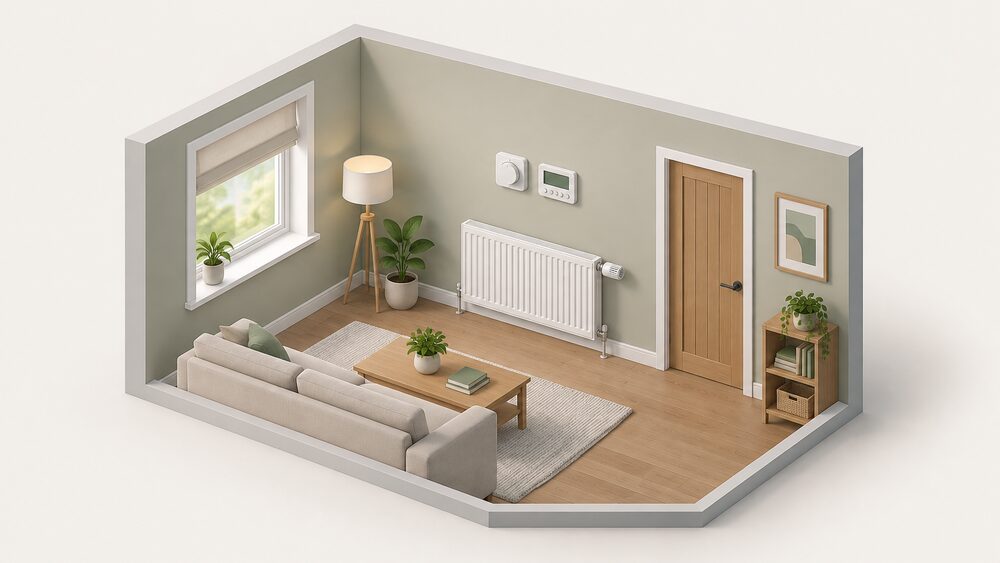 A wall-mounted room thermostat in the centre of a home interior, with a programmer beside it on the wall and a radiator fitted with a thermostatic radiator valve head on the wall below, showing a complete set of heating controls in one room.