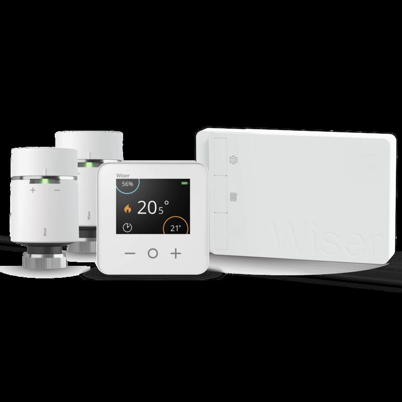 A Wiser smart heating kit with two thermostatic radiator valves, a room thermostat and a controller hub on a white background