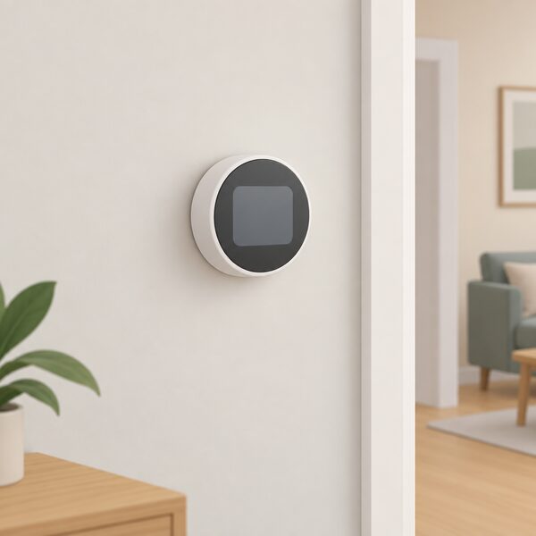A plain unbranded smart thermostat mounted on an interior wall of a home, shown as a simple rounded control unit with a blank screen, at eye level on a painted wall beside a doorway with no other equipment visible.