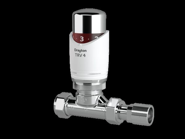 A Drayton TRV 4 thermostatic radiator valve with white numbered head and chrome valve body on a white background