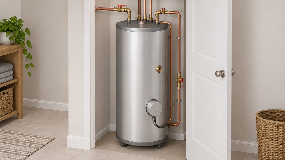 A tall stainless steel unvented hot water cylinder standing in an airing cupboard, shown close up with its insulated body, pipework connections at the top and an immersion element at its side, with no cold water storage tank anywhere in the scene.