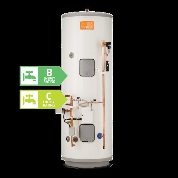 A white Megaflo Eco unvented hot water cylinder with copper pipework and energy rating labels