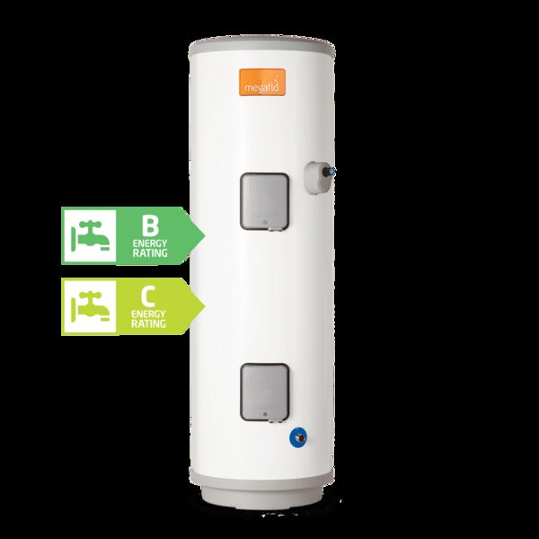 A white Megaflo unvented hot water cylinder product photo with B and C energy rating labels beside it