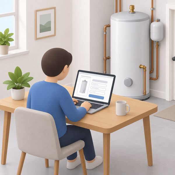 A simplified person at a table in a home setting fills in a warranty registration form on a laptop screen, shown as blank lines and plain blocks, with an unvented hot water cylinder installed nearby in the background.