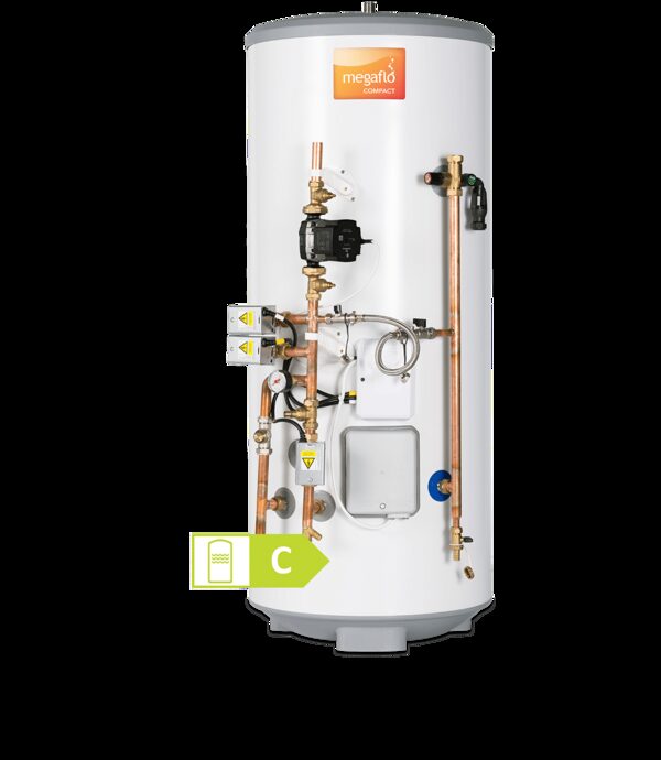 A Megaflo Compact unvented hot water cylinder with front-mounted pipework, valves and controls on a white background