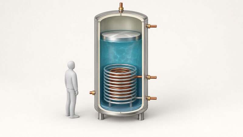 A cutaway diagram of a duplex stainless steel unvented cylinder showing the internal floating baffle sitting at the top of the stored water volume, with the coil-in-coil heat exchanger visible in the lower section and no external expansion vessel anywhere in the scene.