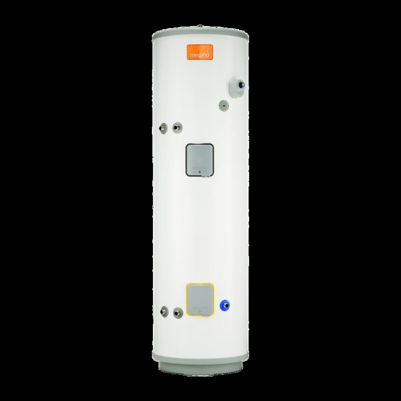 A white Megaflo unvented hot water cylinder shown on a plain white background