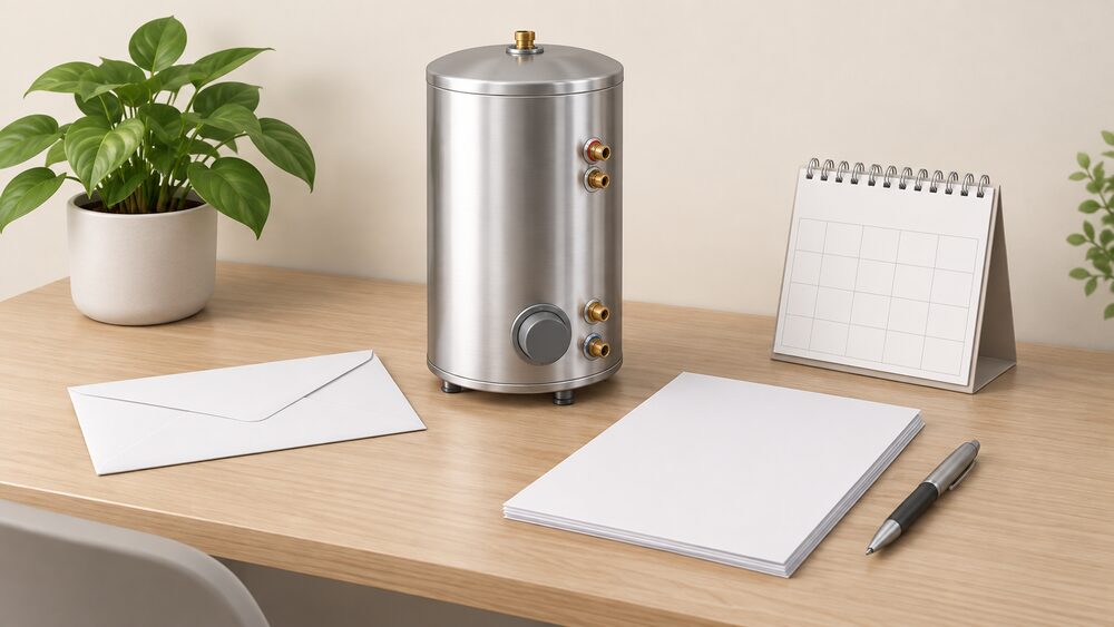 A small stainless steel unvented hot water cylinder model stands on a table beside blank warranty paperwork, a sealed envelope, a wall calendar and a pen, suggesting the moment an owner registers a new cylinder's warranty.