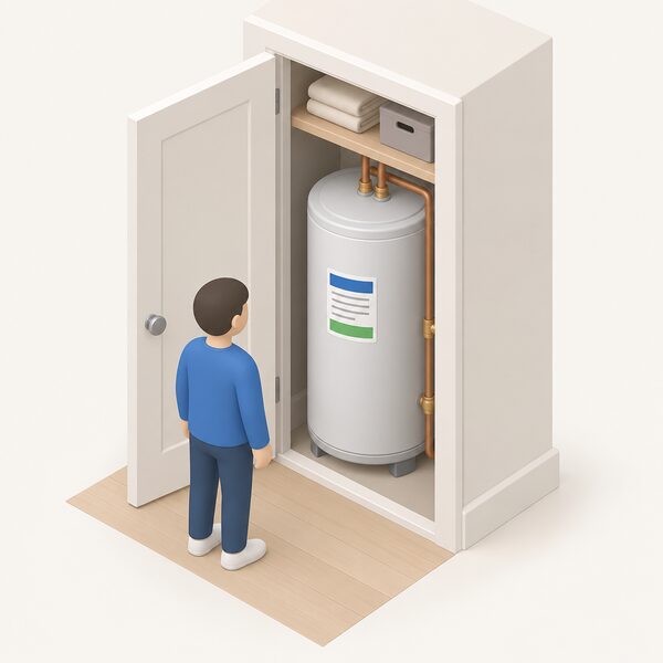 A small simplified isometric figure stands beside a domestic unvented hot water cylinder in a home airing cupboard, with a plain approval label attached to the cylinder's front surface shown as a physical sticker carrying only blank colour bands and lines.